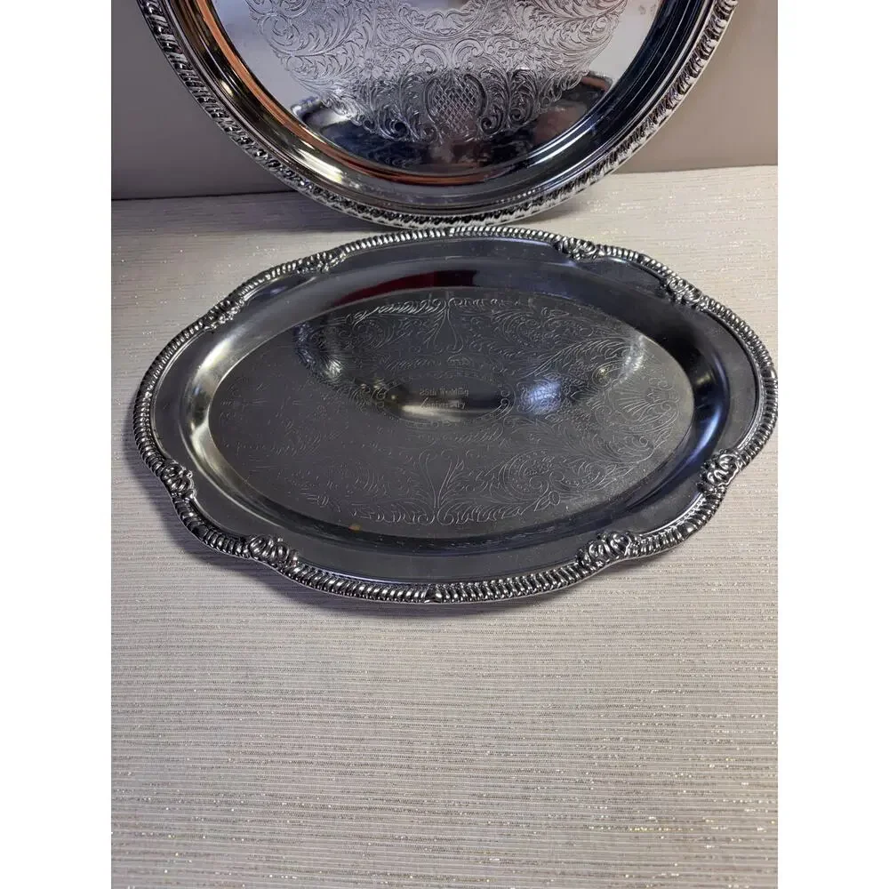 2 Vintage Serving Trays 25th Anniversary Irvinware? Gorgeous, silver-plated!!